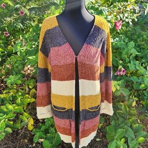 Zoey Striped Knit Single Button Sweater With Pockets Womens M